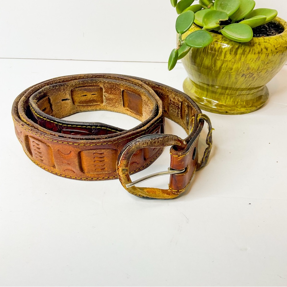 Vintage Brown Leather Embossed Belt